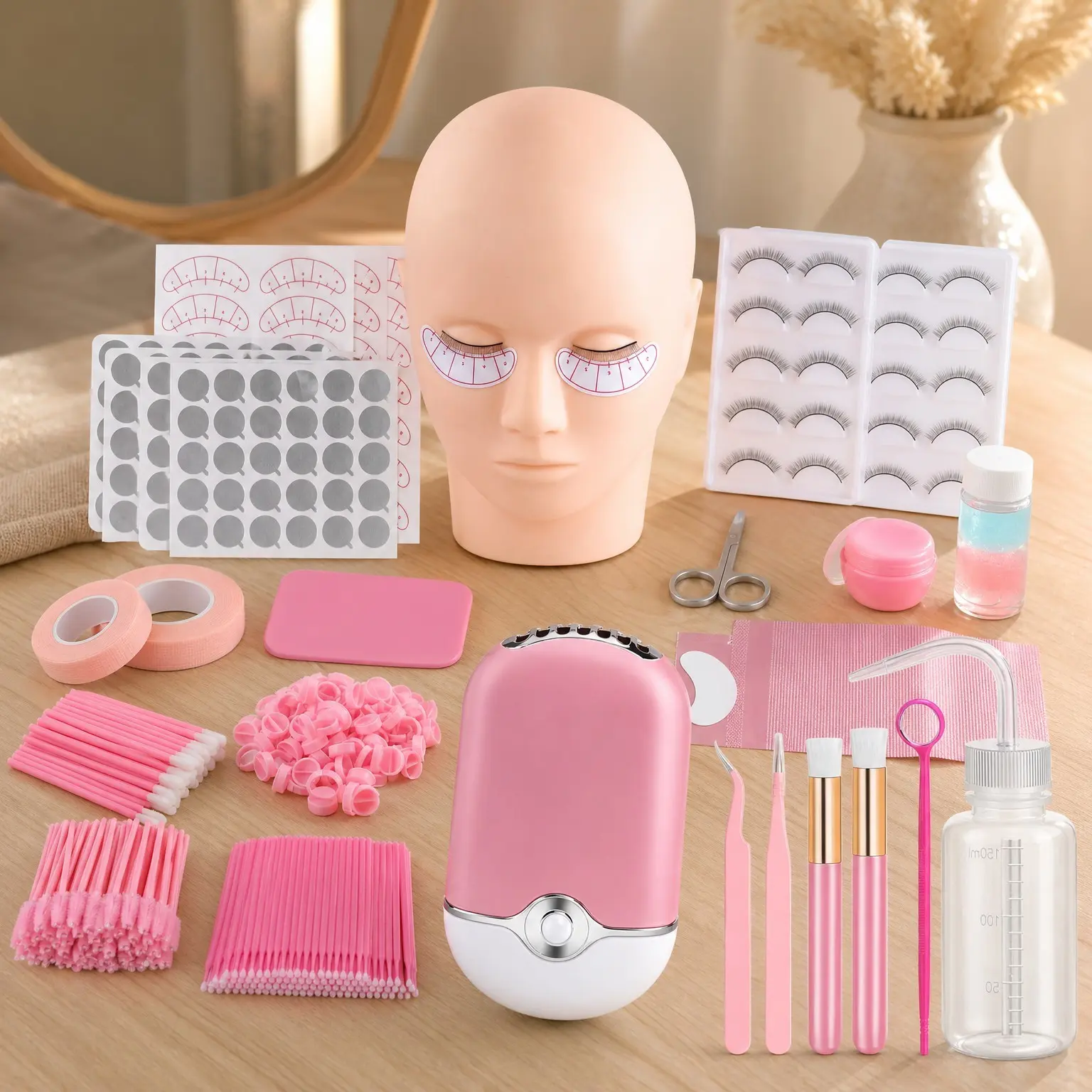 Eyelash Extension Kit for Beginners with Mannequin Head and Lash Fan, Professional Lash Extension Supplies for Practice Training, PinkGift