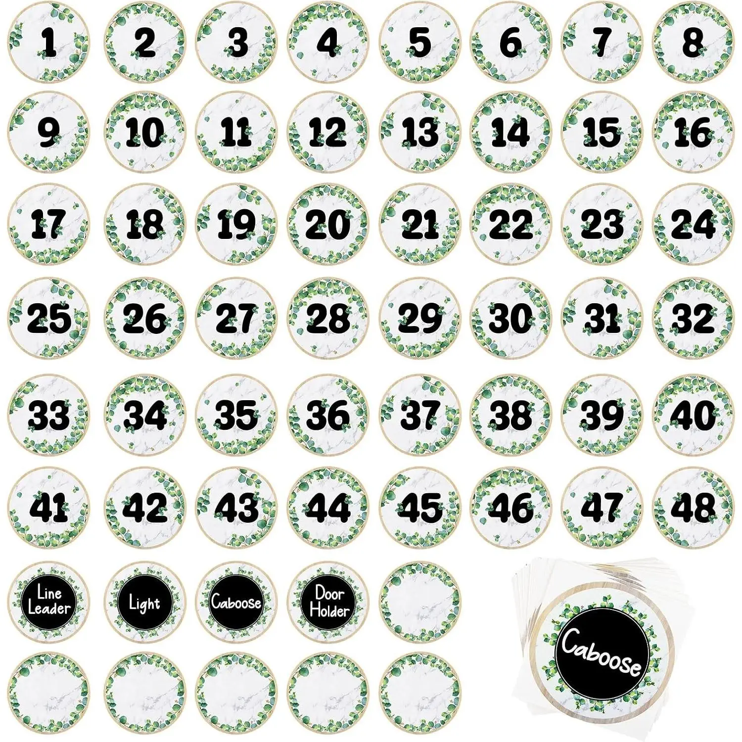 58 Pcs 4 Inch Eucalyptus Line up Floor Stickers, Eucalyptus Laminated Numbers Cutouts Classroom Decor Farmhouse Circle Wood Grain for Preschool and Kindergarten Elementary Teachers Kids