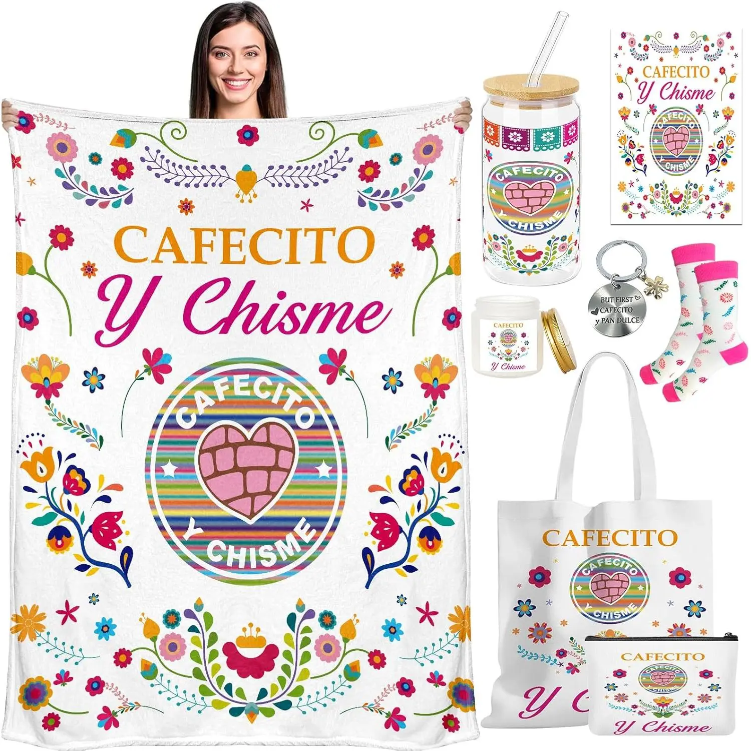 8 Pcs Cafecito Y Chisme Gift Set Gifts Basket for Women Funny Mexican Gift Include Canvas Bag Cosmetic Bag Aromatherapy Blanket Card Keychain Cup Socks for Mom Sister Wife Mexican Party Favors