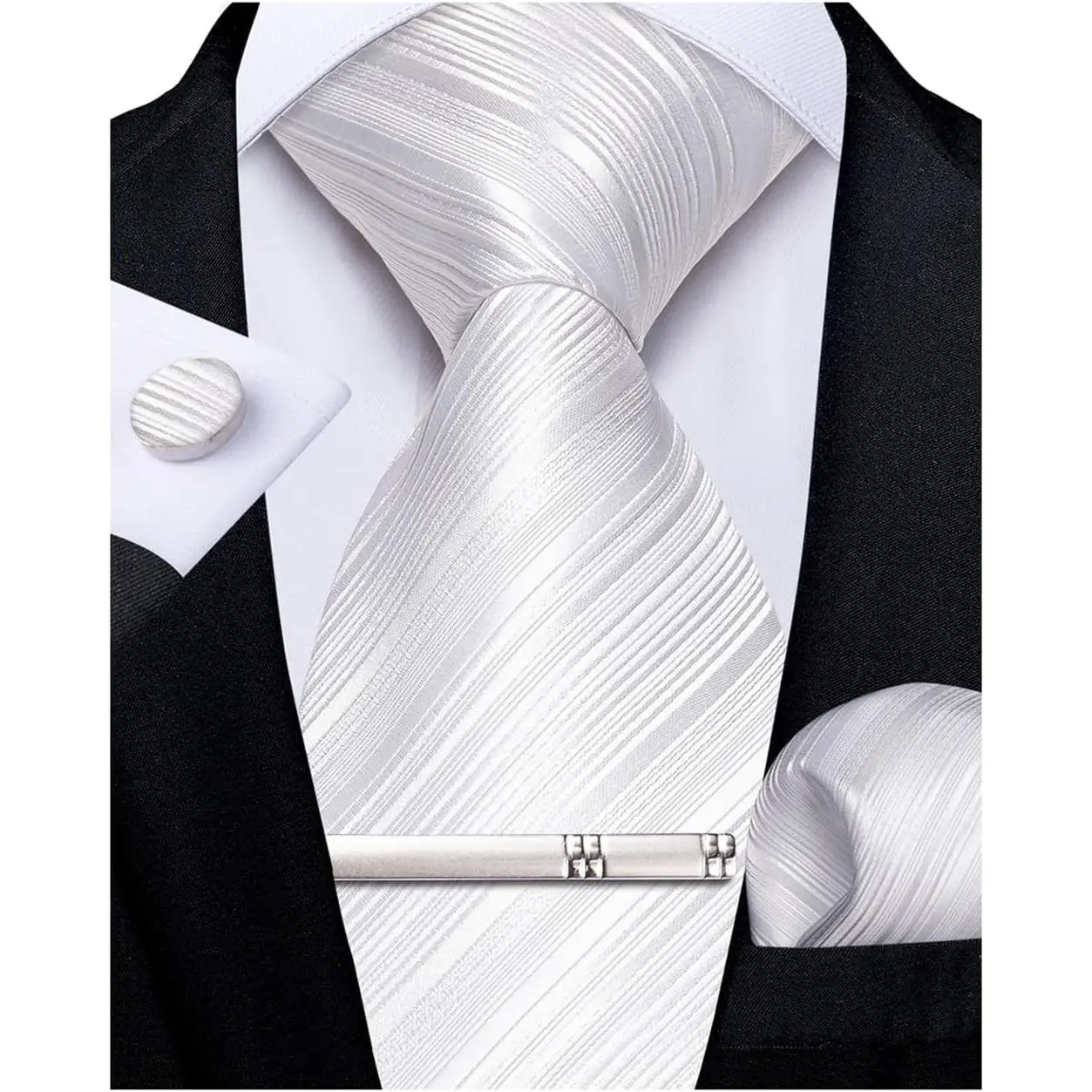 Mens Silk Necktie Solid Color Tie and Pocket Square Cufflink Tie Clip Set Woven Plain Ties for Men Wedding Party