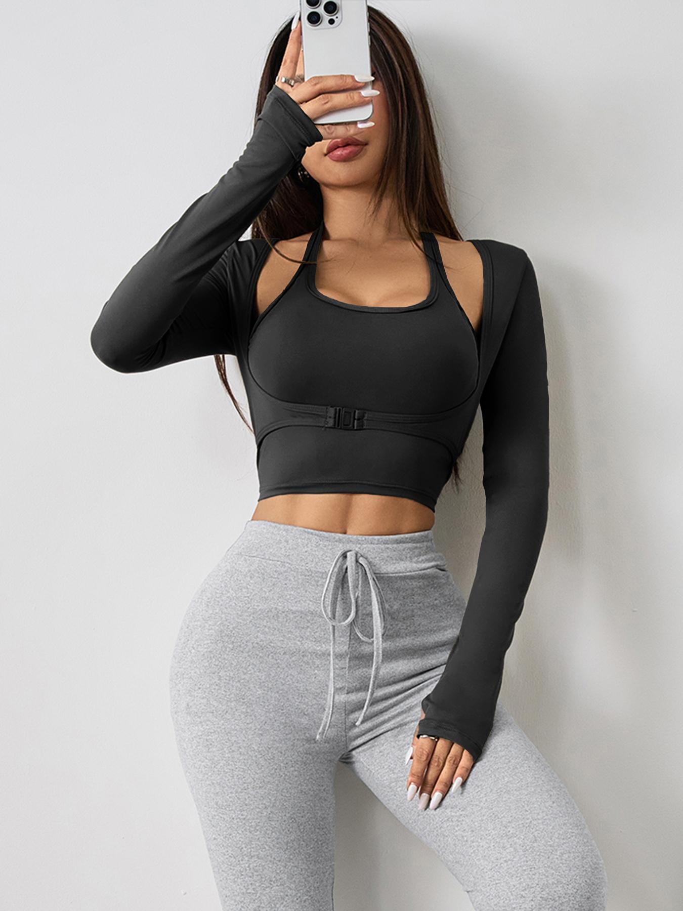 Women's Halter Crop Tank Top & Thumb Hole Sports Tee Set, Sleeveless Top & Buckle Front Sports Top Set, Gym Yoga Exercise Clothing Set for Women