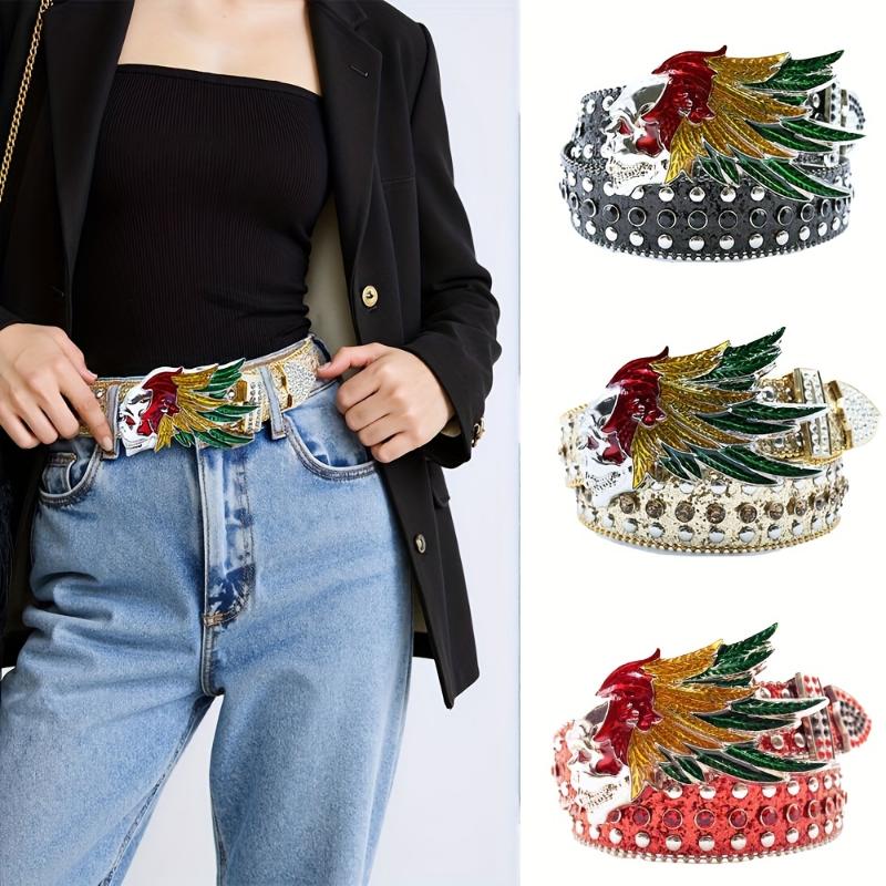 jewelry Rhinestone Black Belt Men Faux Leather Faux Leather PU Black Cross Skull Buckle Revits Belt, Unisex Western Music Festival Embellished Faux Glitter Print Belt With Rhinestone And Rivet, Music Festival Party Wear