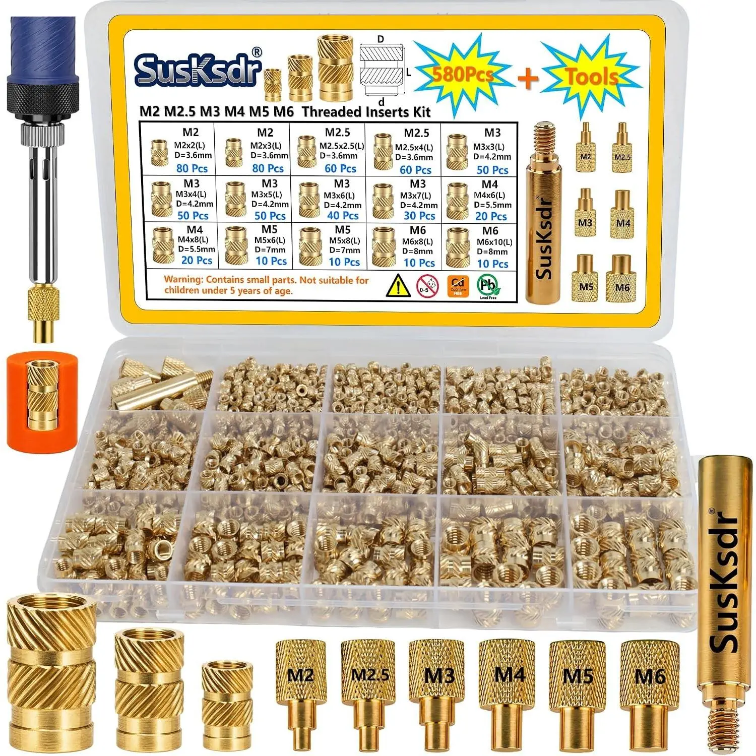 580+7PCS Heat Set Threaded Inserts Kit, M2 M2.5 M3 M4 M5 M6 Metric Brass Threaded Inserts Assortment, Knurled Inserts with Heat Set Insert Tool, for 3D Printing Components, Plastic Parts, DIY Projects