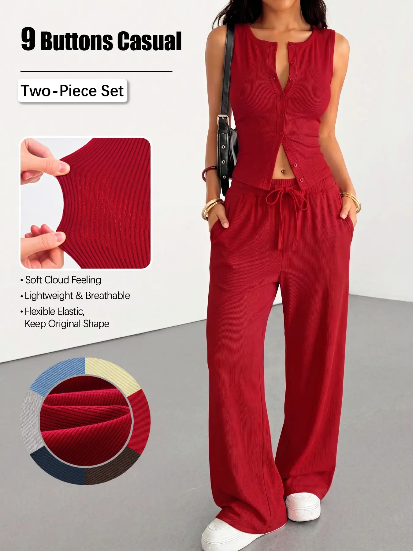 Women's Ribbed Breathable Matching Set Slim Tank Top and Wide Leg Elastic Drawstring Pants Casual Chic Summer Outfit