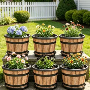 6-Piece Set Country Whiskey Barrel Style Plastic Flower Pots, Garden Patio Design, Includes Drain Holes and Tray
