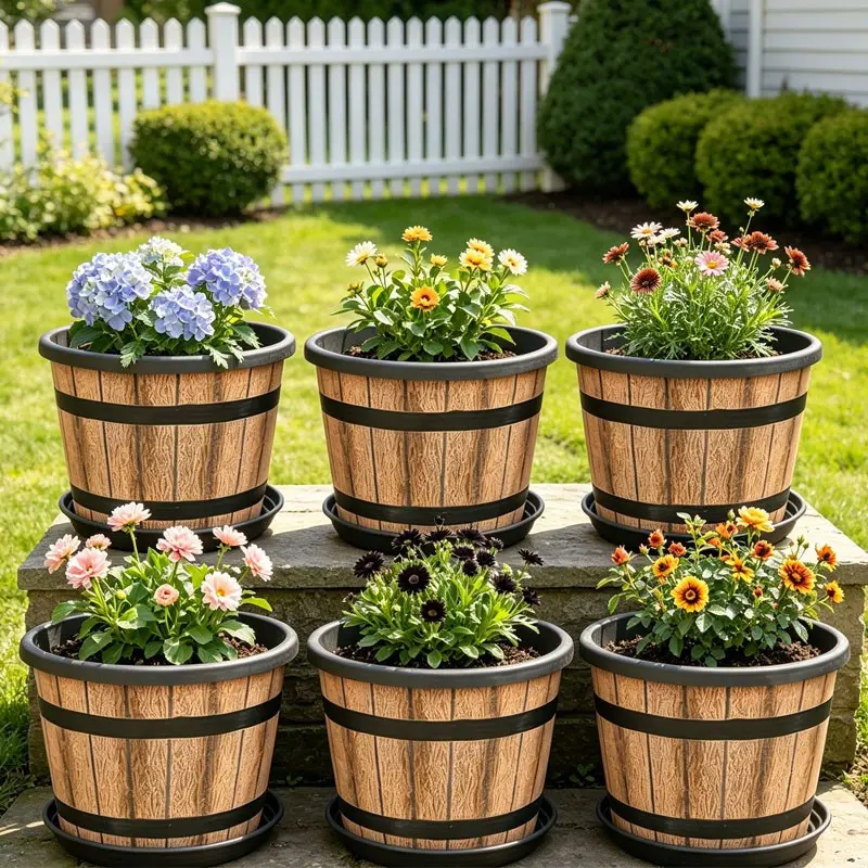 6-Piece Set Country Whiskey Barrel Style Plastic Flower Pots, Garden Patio Design, Includes Drain Holes and Tray, Plastic Planters for Outdoor Plants