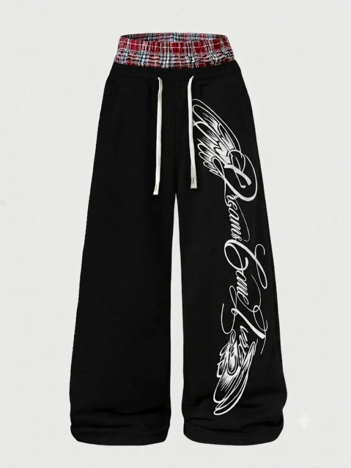 Men Y2K Fake Two Piece Baggy Loose Oversized Pants Plaid Patchwork Double Waistband Sweatpants, Vintage Script Wings Graphic Wide Leg Knit Casual Trousers for Streetwear Outfit Menswear