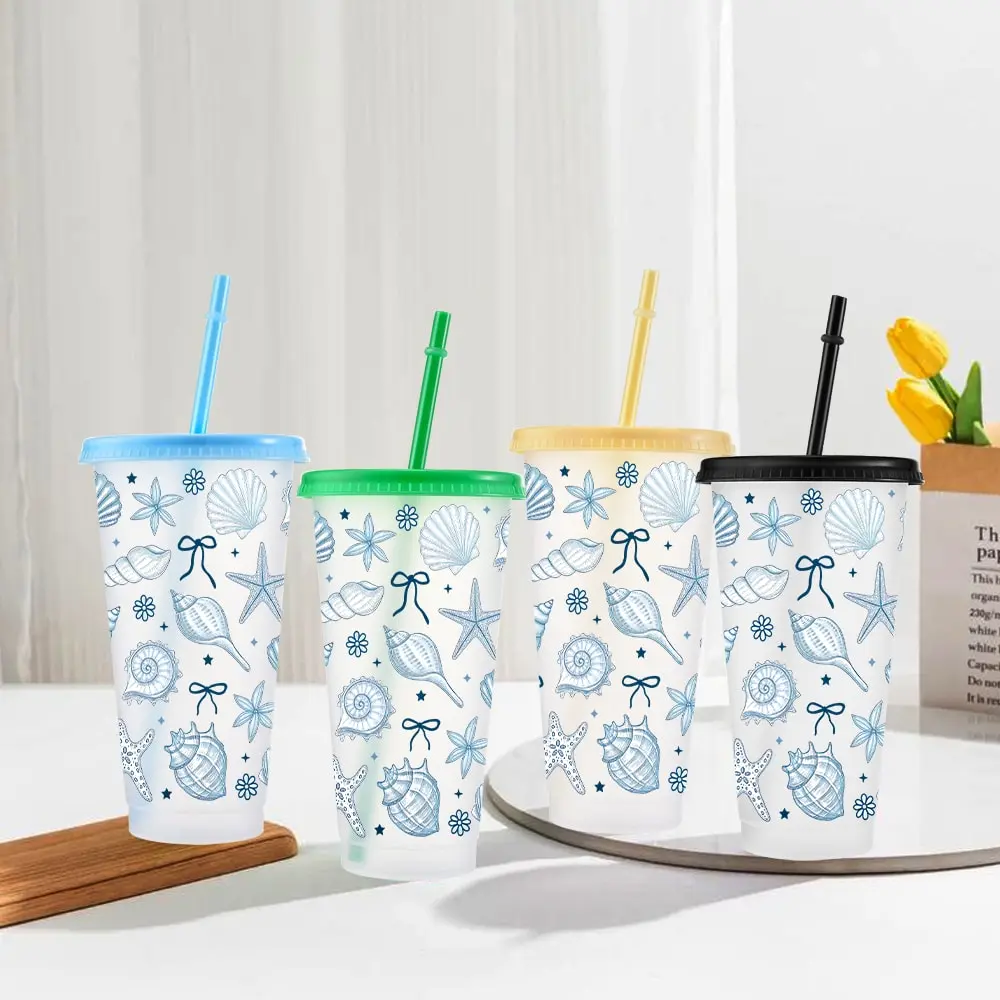 10pcs/24oz/710ml/Transparent Plastic Tumblers With Lid And Straw,Iced Coffee Cup,Festival Party Supplies,Elegant Coastal Shells Starfish Design Ocean-Inspired Decor Perfect Housewarming Or Holiday Gift Home Accent