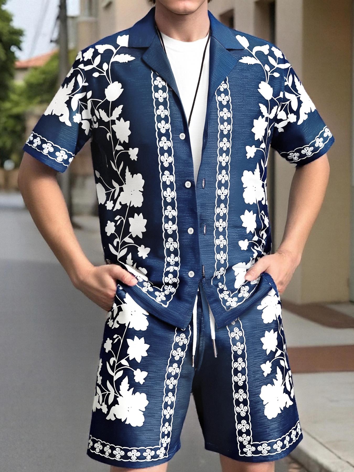 Men's Ethnic Pattern Button Front Shirt & Shorts Loungewear Two-Piece Set, Casual Comfy Short Sleeve Top & Shorts PJ Set, Men's Sleepwear for Summer