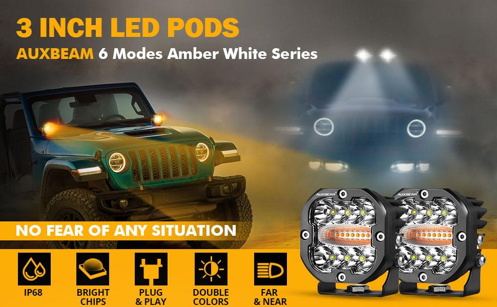 AUXBEAM XP-Ultra Series 3 Inch 6 Modes Dual Color LED Light Pods 96W Spot Flood Combo Amber White for Trucks Jeep IP68 Waterproof Offroad Driving Lights 2pcs Set LED Car Lights LED Work Lights