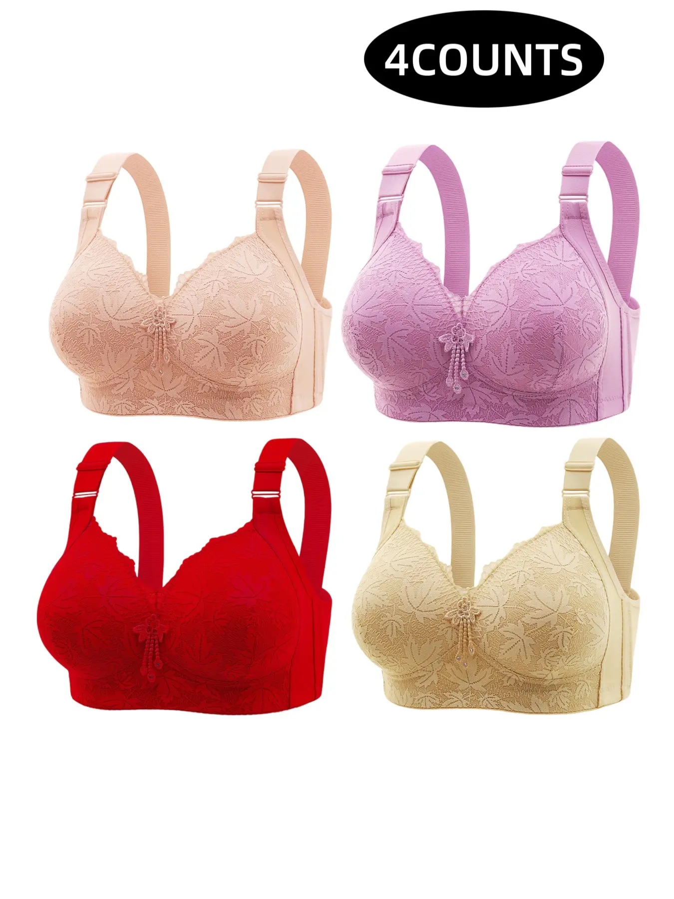 4-Pack Wireless Lace Push-Up Bras, Seamless Comfort Fit, Daily Wear Underwear, Breathable Soft Fabric, Full Coverage All-Day Support