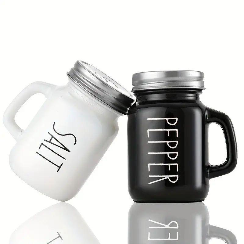2-Piece Glass Salt Pepper Seasoning Shaker Set, Mini Handle Sealed Thick Glass Jar, Stainless Steel Sprinkle Lid, Kitchen Table Decor, Spice Containers