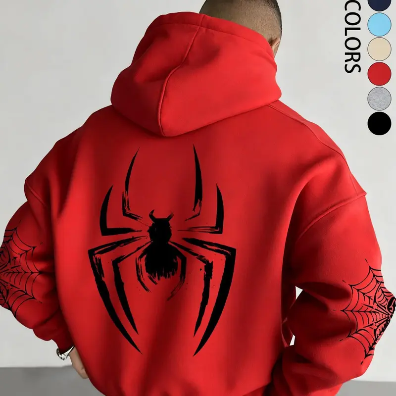 Men's Spider Graphic Hoodie, Oversized Pullover Sweatshirt with Spider Web Sleeve Print, Gothic Y2K Halloween Casual Streetwear Top, Long Sleeve