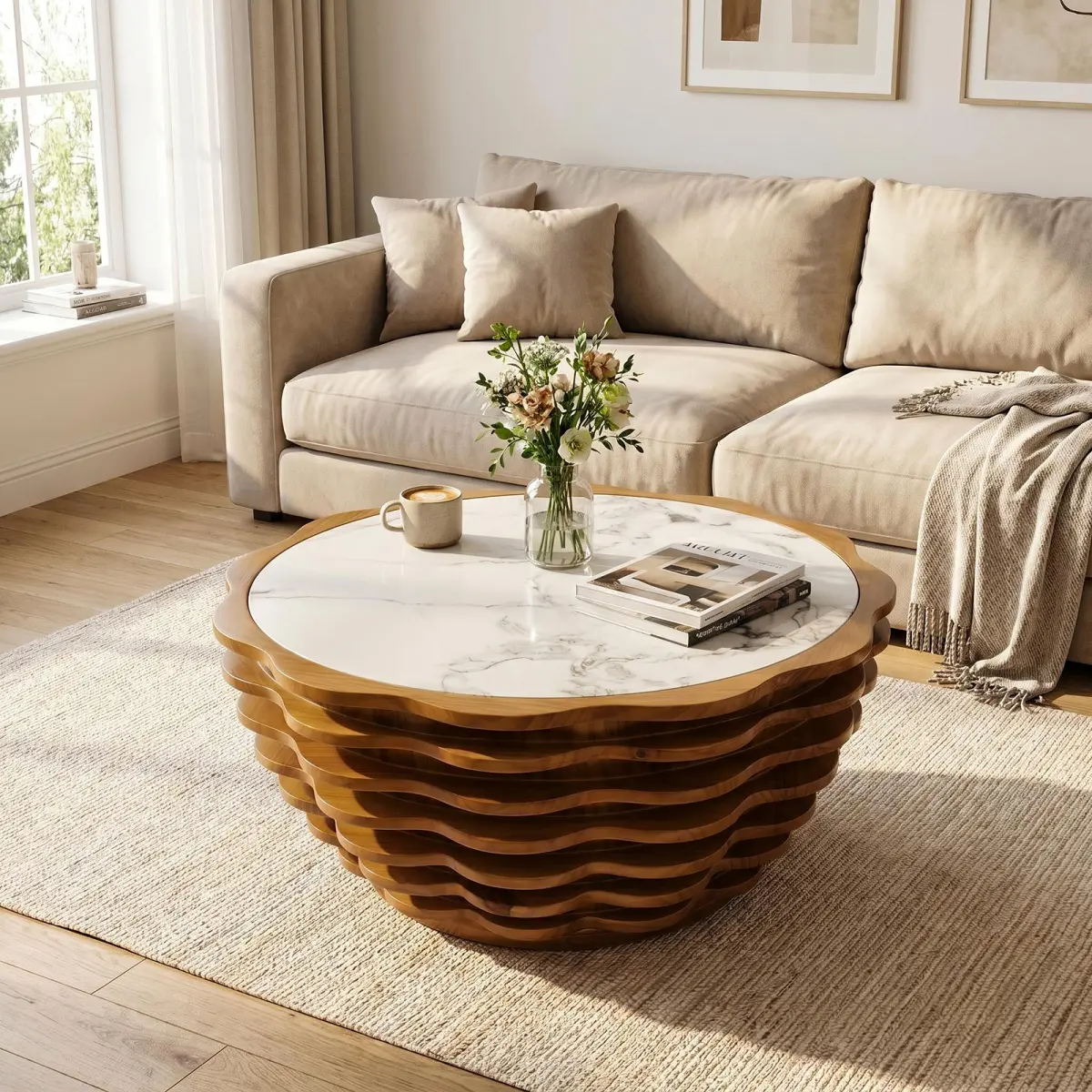 32.1" Round Coffee Table, Modern Flower-Shaped Coffee Table, Stone Tabletops with Unique Marble Patterns are Ideal for Living Room Office Cafe- Fully Assembled