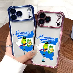 Nicaragua Flag Map Phone Case - Electroplated, Airbag Shockproof, Slim Soft TPU Cover with Motmot Bird & Plumeria Flower Print for iPhone 10-17 Pro Max Plus Air, Smartphone Cellphone Handheld Devices Accessories