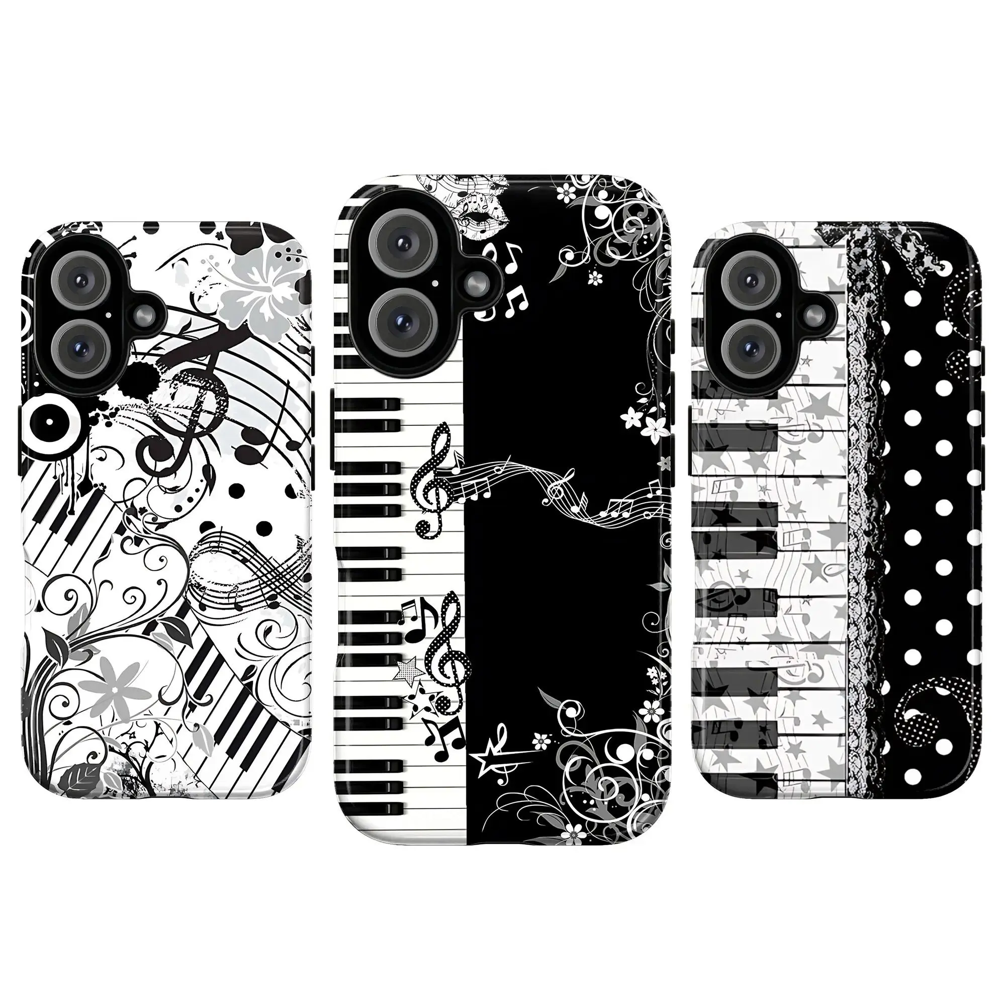 Elegant Piano Music Phone Case – Aesthetic Black and White Musical Note Cover with Keyboard, Clef & Floral Swirls picture