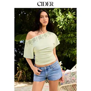 Cider Asymmetrical Neck Embroidery Ruched Tee SummerWins Dealsforyou
