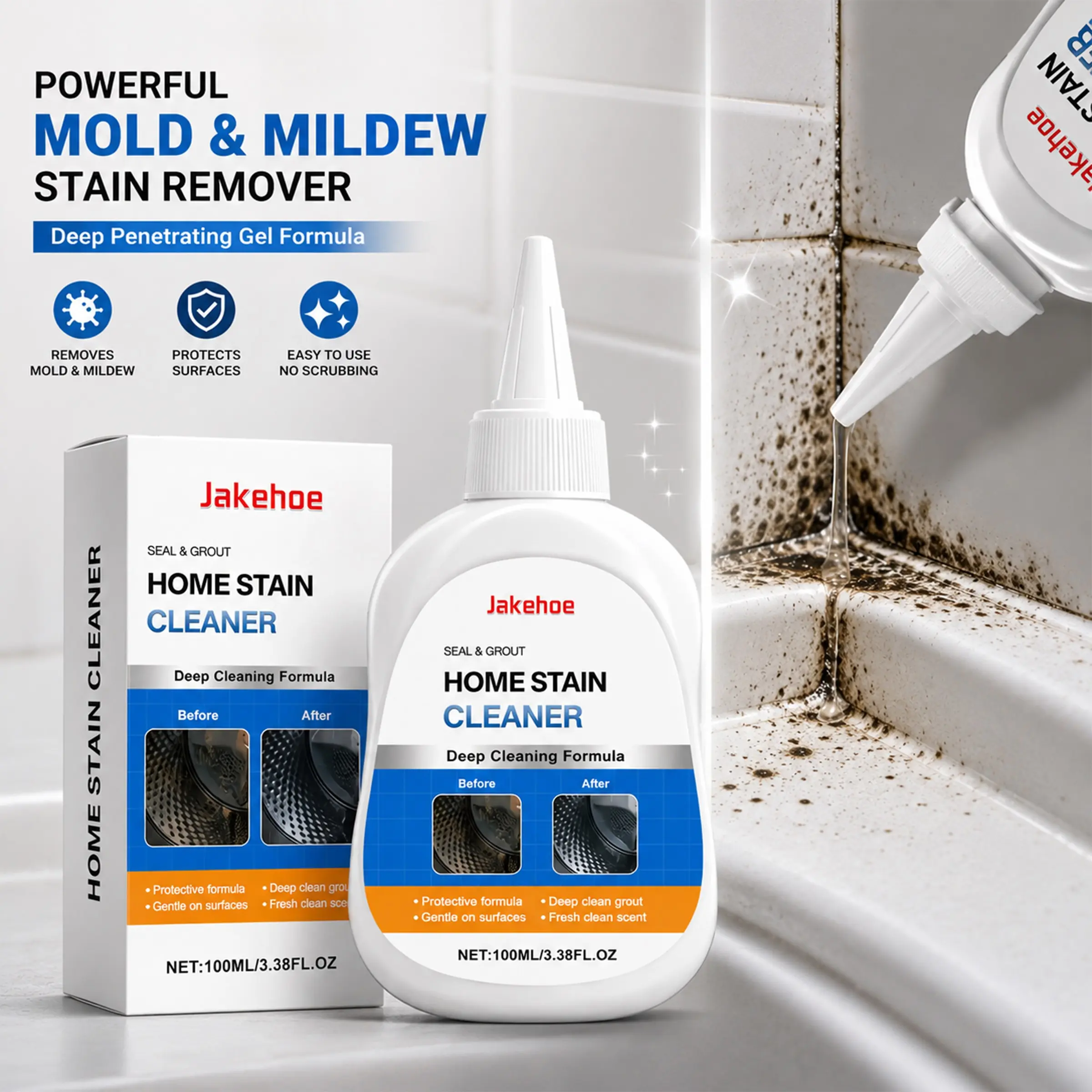 Stubborn Mold Mildew Cleaner Gel for Washing Machine Gasket, Kitchen Bathroom Tile Grout Stain Remover, Powerful Deep Cleaning Gel + Brush, Multi Functional Cleaner, Household Kitchen Cleaner