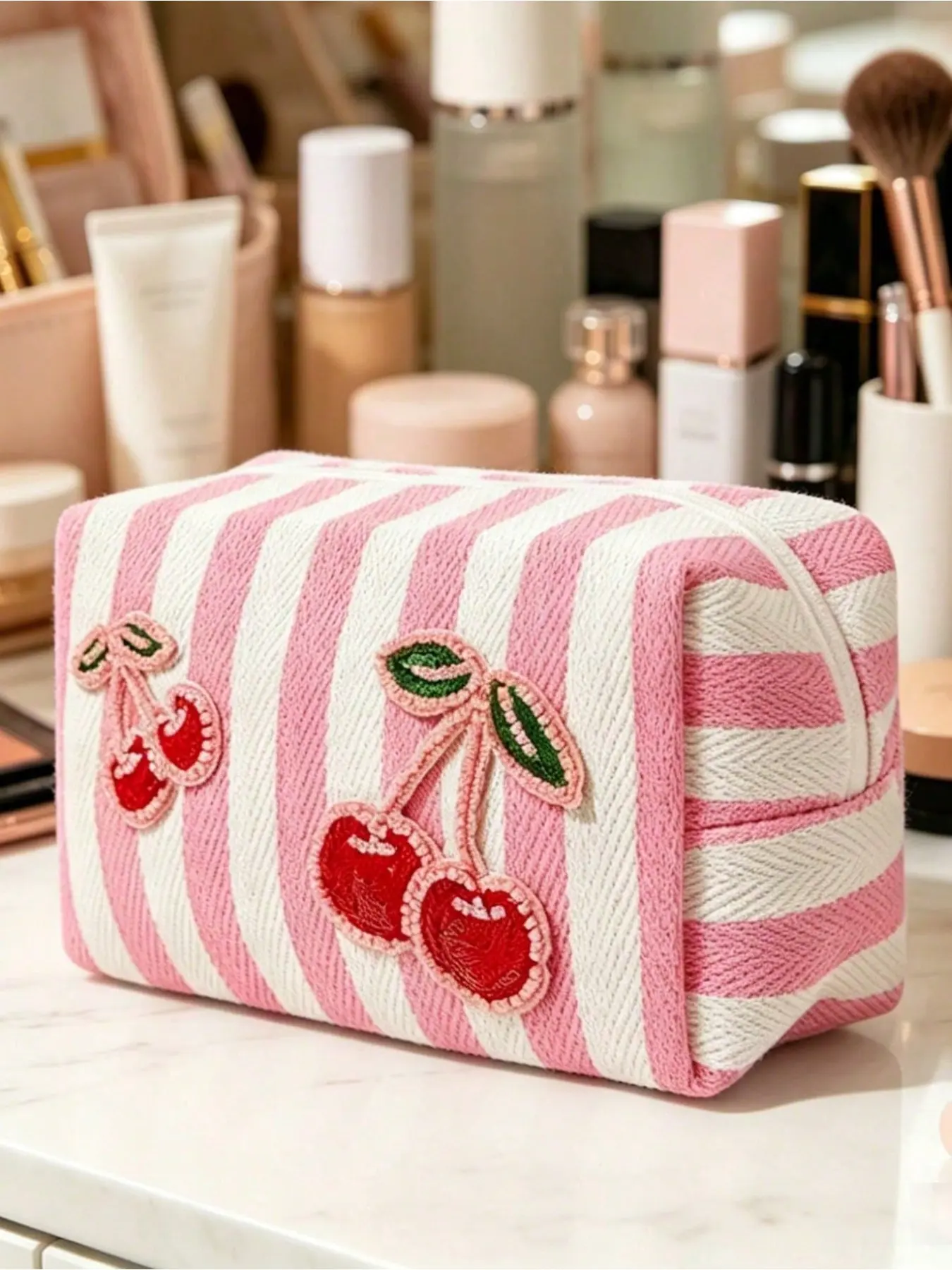Pink and white color-block striped handheld makeup bag, black and white simple watermelon bead embroidery patch storage pouch, yellow and white fresh fruit series patch with diamond crystal decoration, large-capacity toiletry bag