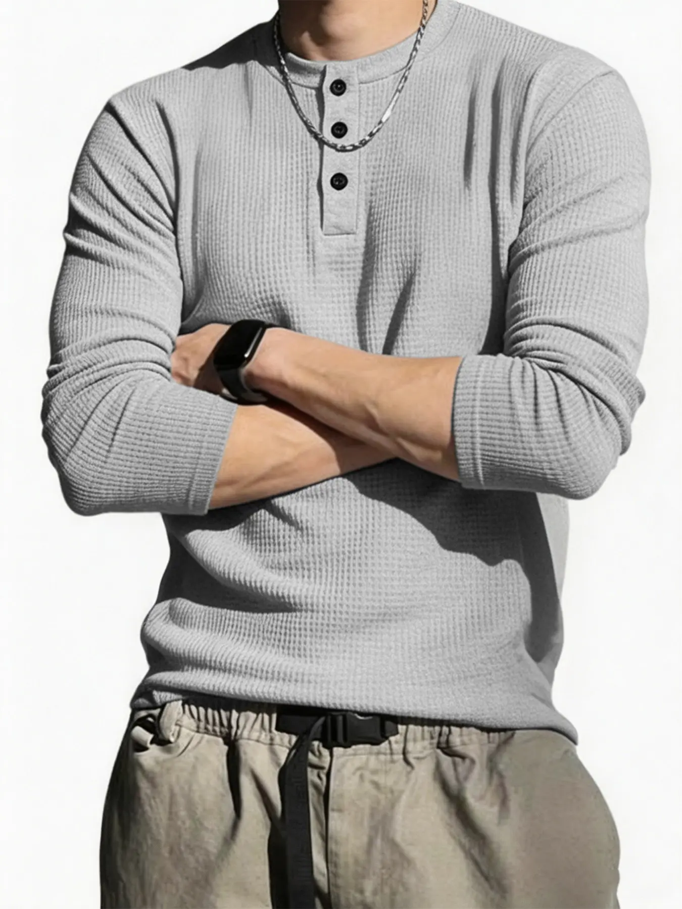 Men's Waffle Knit Plain Henley Shirt, Long Sleeve Button Neck Casual Classic Loose T-Shirt, Comfortable and Stylish Top for Daily Wear, Menswear