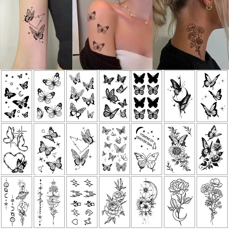 Floral Butterfly Temporary Tattoo Stickers - Minimalist Fine Line Letter Design, Waterproof Aesthetic Fake Tattoo Bag Charm for Women