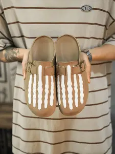 Men Black Skeleton Bone Print Closed Toe Mule Clogs, Suede Adjustable Metal Buckle Slip On Half Slippers, Soft Cork Footbed Non-Slip Flat Casual Walking Mules for Street Daily Outdoor Wear Footwear