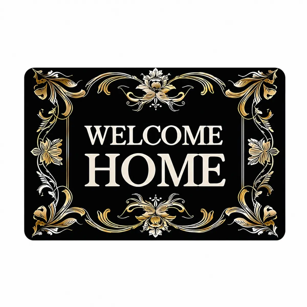 Elegant Welcome Home Doormat, Black Gold Floral Door Mat, Luxury Entryway Rug, Stylish Front Door Decor, Modern Home Accent Carpet for Bathroom Bedroom Living Room Kitchen Housewarming Gift