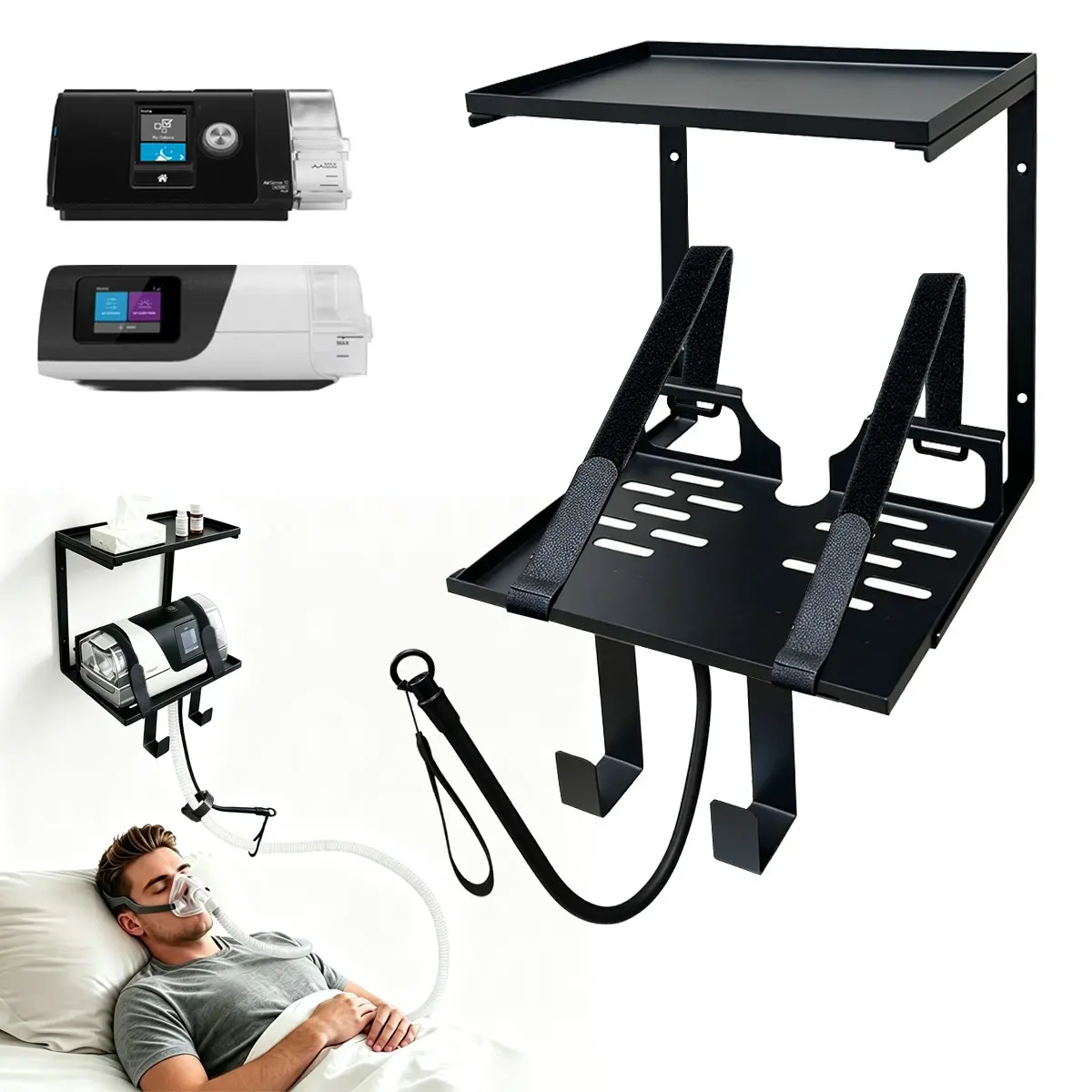 Cpap Wall Mount Bracket for Resmed Airsense 10 and 11, Dual Layer Bedside Organizer, Metal Design with Non-Slip Straps and Tube Management Hooks