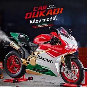 The Ducati 1299 alloy motorcycle model, with its red, white and green paint job, has a highly eye-catching appearance. It is equipped with a dedicated display stand. It is a toy for boys and a must-have collection on the desktop for racing enthusiasts. It