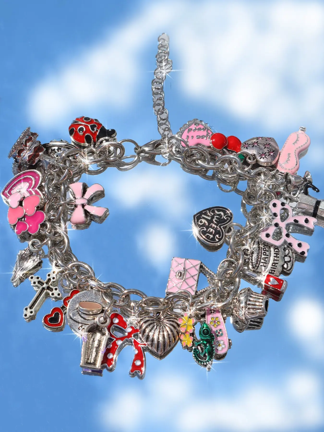 Cherry Bear Charm Bracelet, Vintage Heart and Cross DIY Jewelry, Alloy Chain Gift for Women