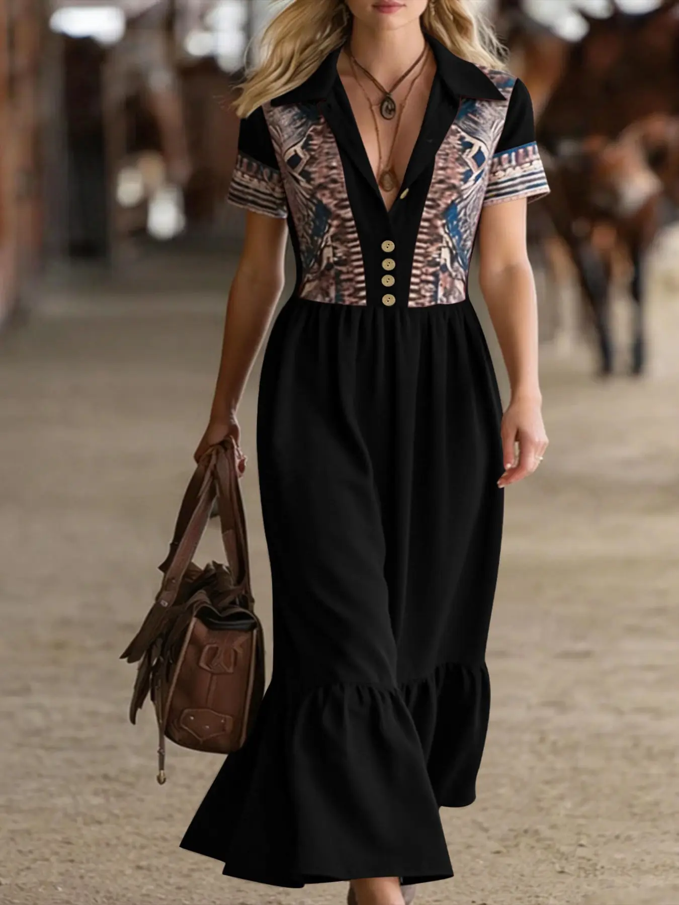 New Plus Size Women's Casual Aztec Print Long Dress, American Western Retro Style, High Waist Long Dress for Women