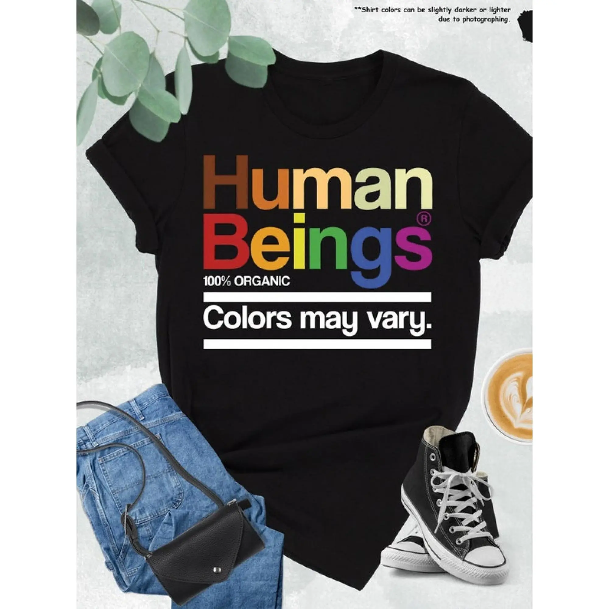 [Equality Graphic Tee] Men's Human Beings Colors May Vary Graphic T-Shirt - Black Crewneck Tee with Rainbow Human Emblem |   Equality, Human Rights Shirt, Casual Everyday Activist Apparel, Soft Everyday Top for Social Justice Advocacy, Bold Text