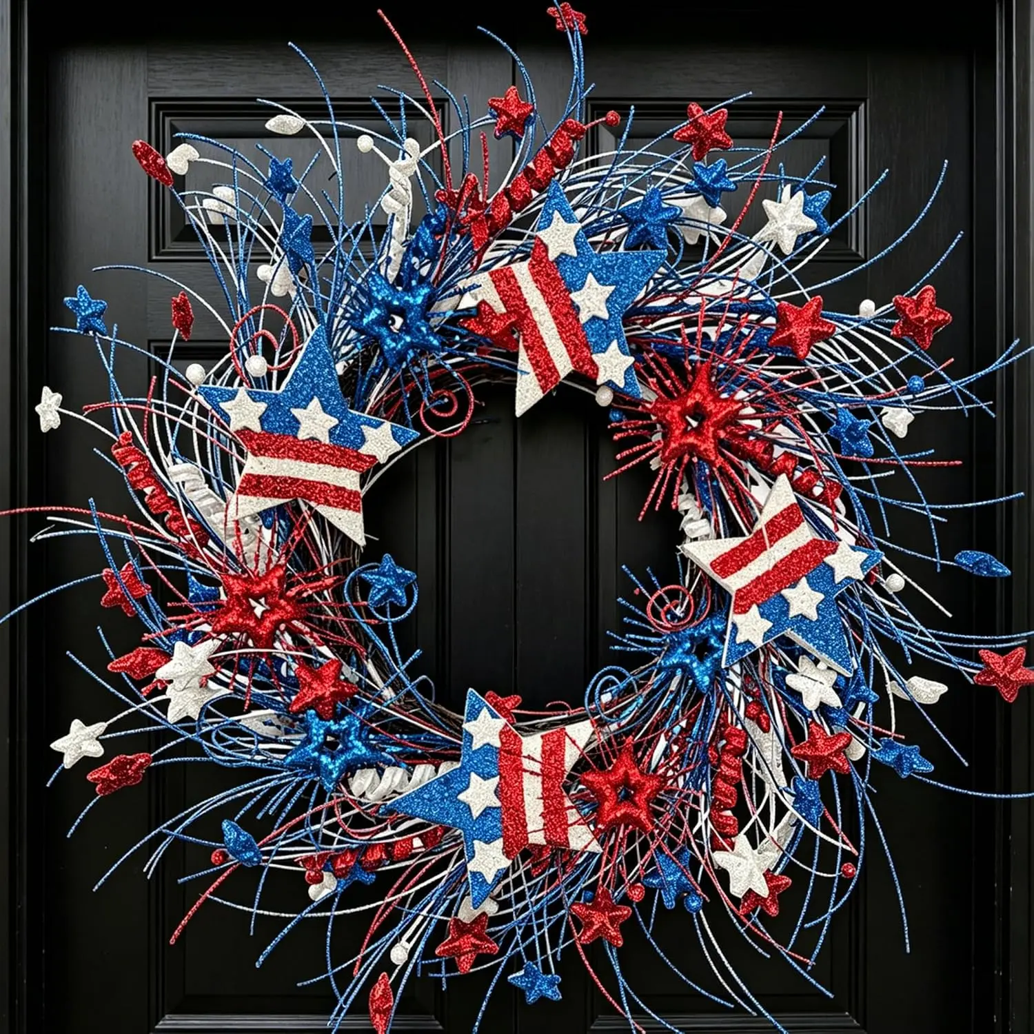 24 Inch Red White Blue Patriotic Front Door Wreath, Glitter Star Curly Tinsel Wreaths for 4th of July Memorial Day Independence Day Indoor Outdoor Home Decor