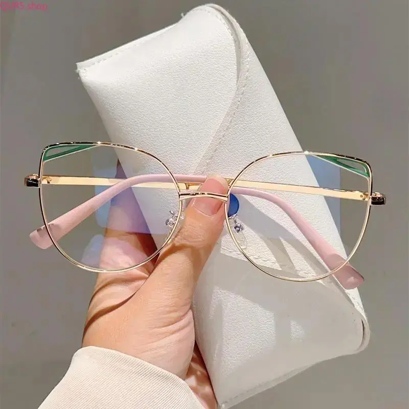 Women Hollow Cat Eye Anti Blue Light Glasses, Lightweight Metal Tone Flat Lens Eyewear, Fashion Screen Protection Frames Trendy Casual Daily Accessory