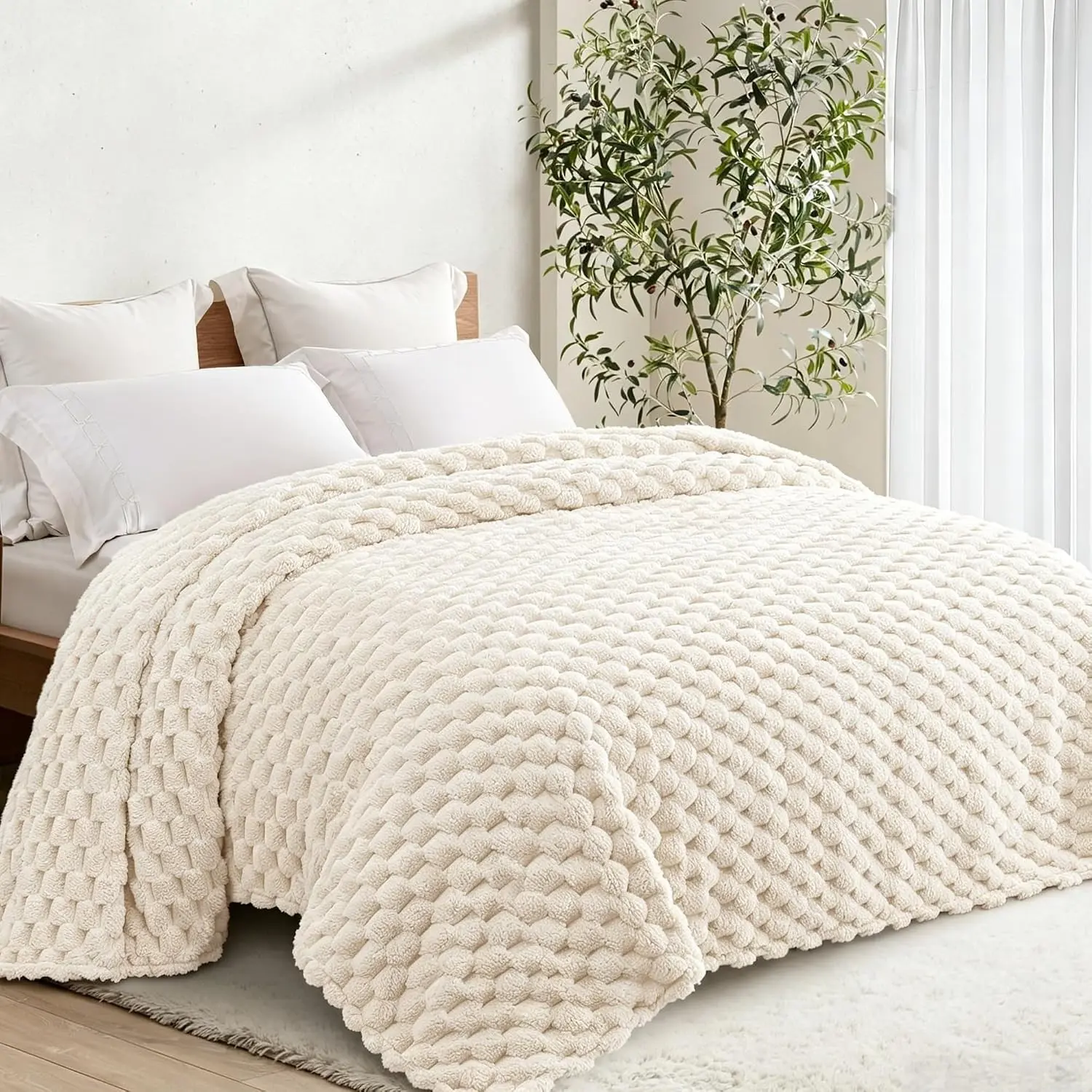 Whale Flotilla Twin Size Soft Fleece Bed Blanket, Luxury 3D Jacquard Ivory