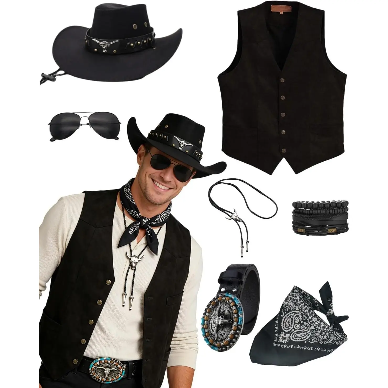 7pcs Cowboy Costume Outfit for Men Western Cowboy Clothes Vest Accessories for Cowboy Party