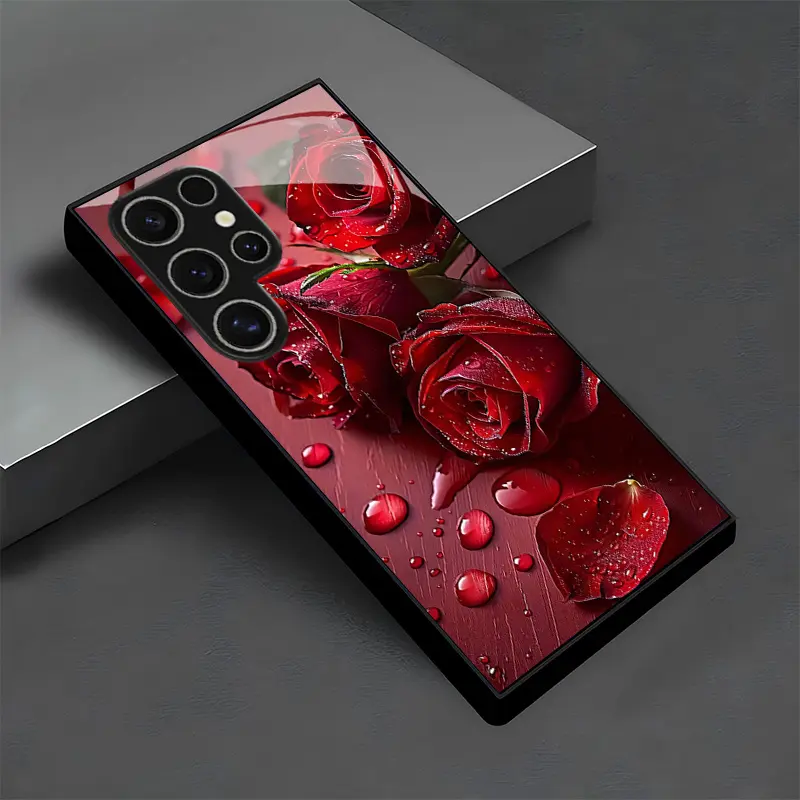 Phone Case: Brilliant Water Droplet Rose Pattern - A Timeless, Versatile, and Stylish Business-Style High-Value Design Glass Phone Case for Samsung Galaxy S26/S25/S25 Plus/S25 Ultra/S24/S24 FE/S24 Plus/S24 Ultra/S23+/S23 Ultra/S22 Ultra/S20+/S20