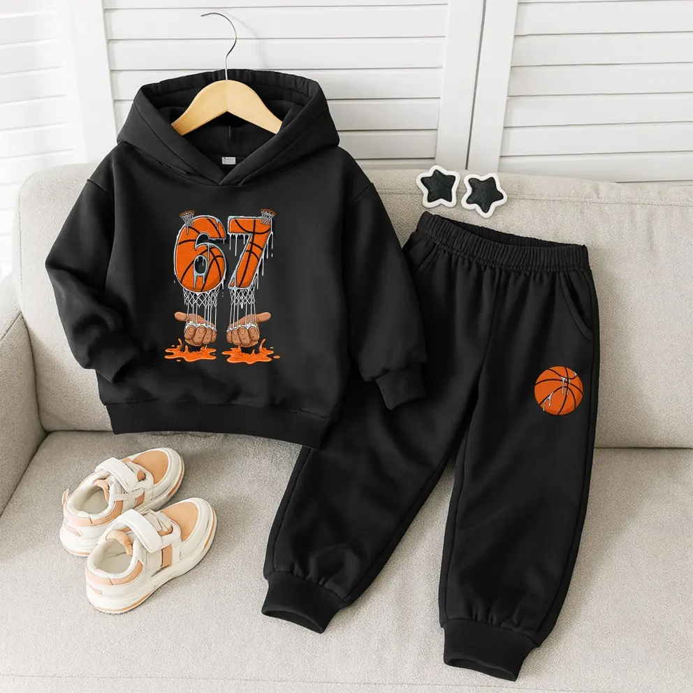 Kids’ Unisex 67 Basketball Graphic Hoodie and Jogger Set, Fleece-Lined 2-Piece Tracksuit for Boys and Girls, Trendy Fall Winter Streetwear Outfit, Casual Indoor & Outdoor Wear
