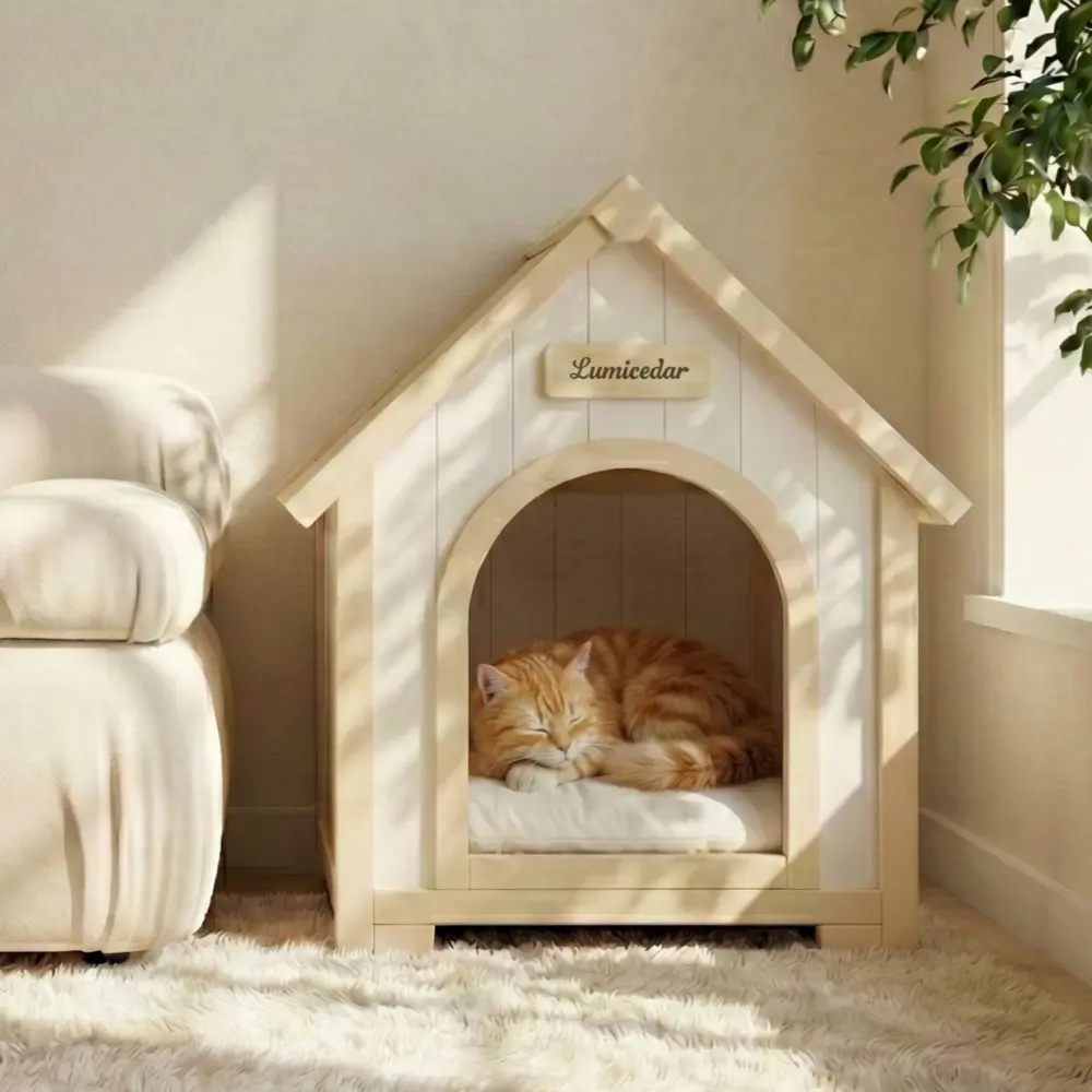 Modern Indoor Wooden Dog House with EVA Cushion – Solid Cedar Pet House for Small Dogs & Cats