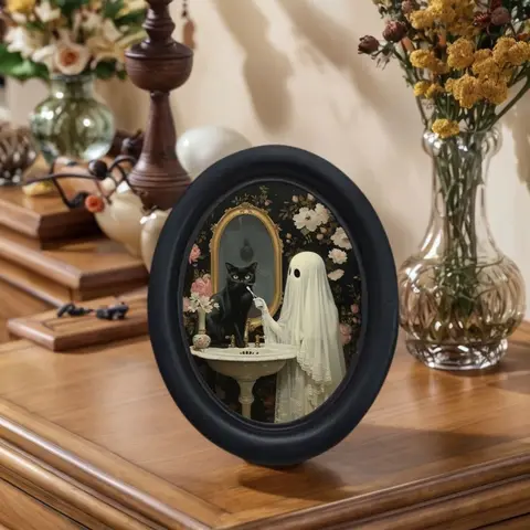Vintage Oval Frame Spooky Ghost and Cat Decor, Victorian Floral Background, Halloween Gift, Gothic Dark Bathroom Wall Art Art Print Decorative Artwork