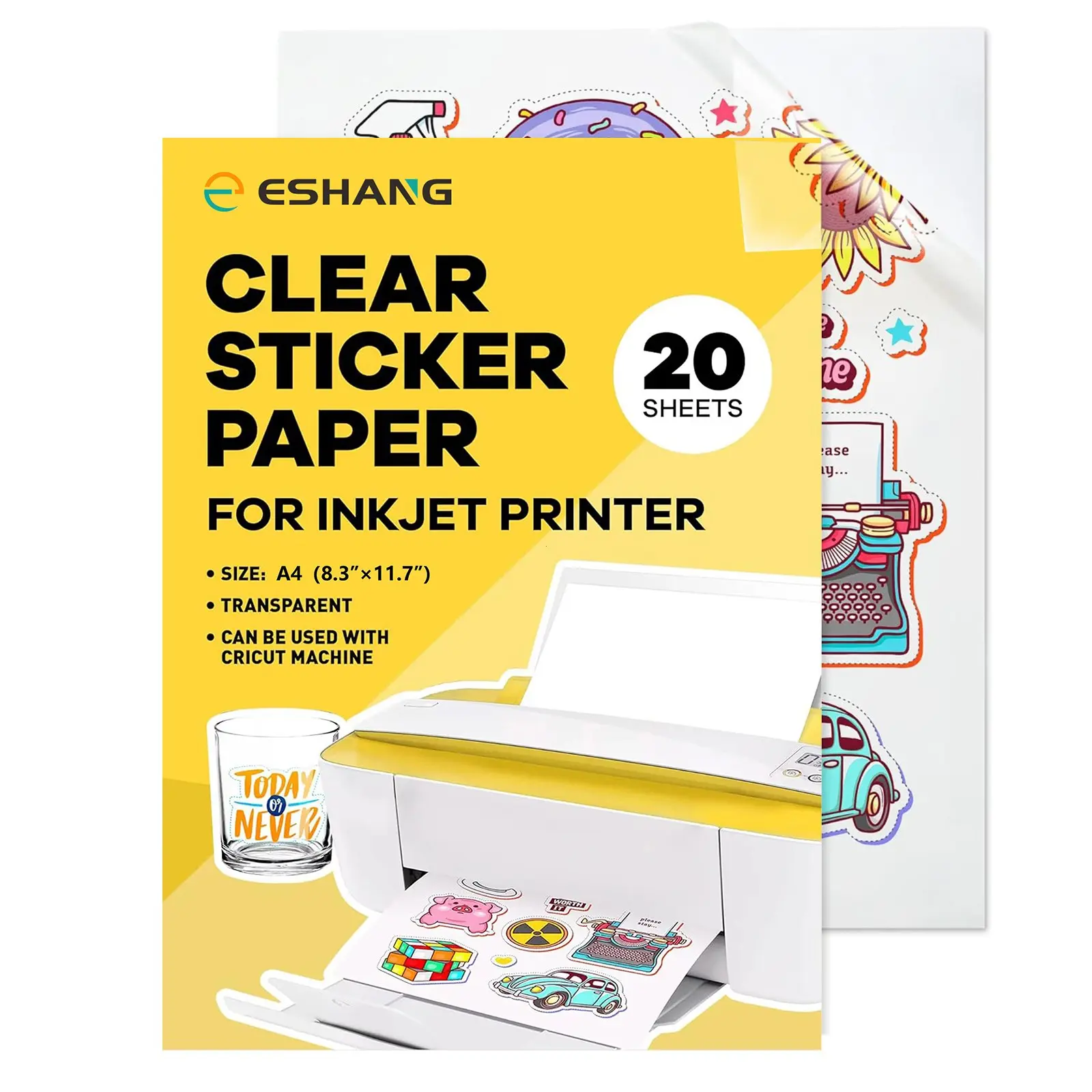 A4 Transparent Vinyl Sticker Paper 20 Sheets, Clear Printable Self-Adhesive Vinyl Decal Paper, Not Waterproof, for Scrapbooking & Gift Labels