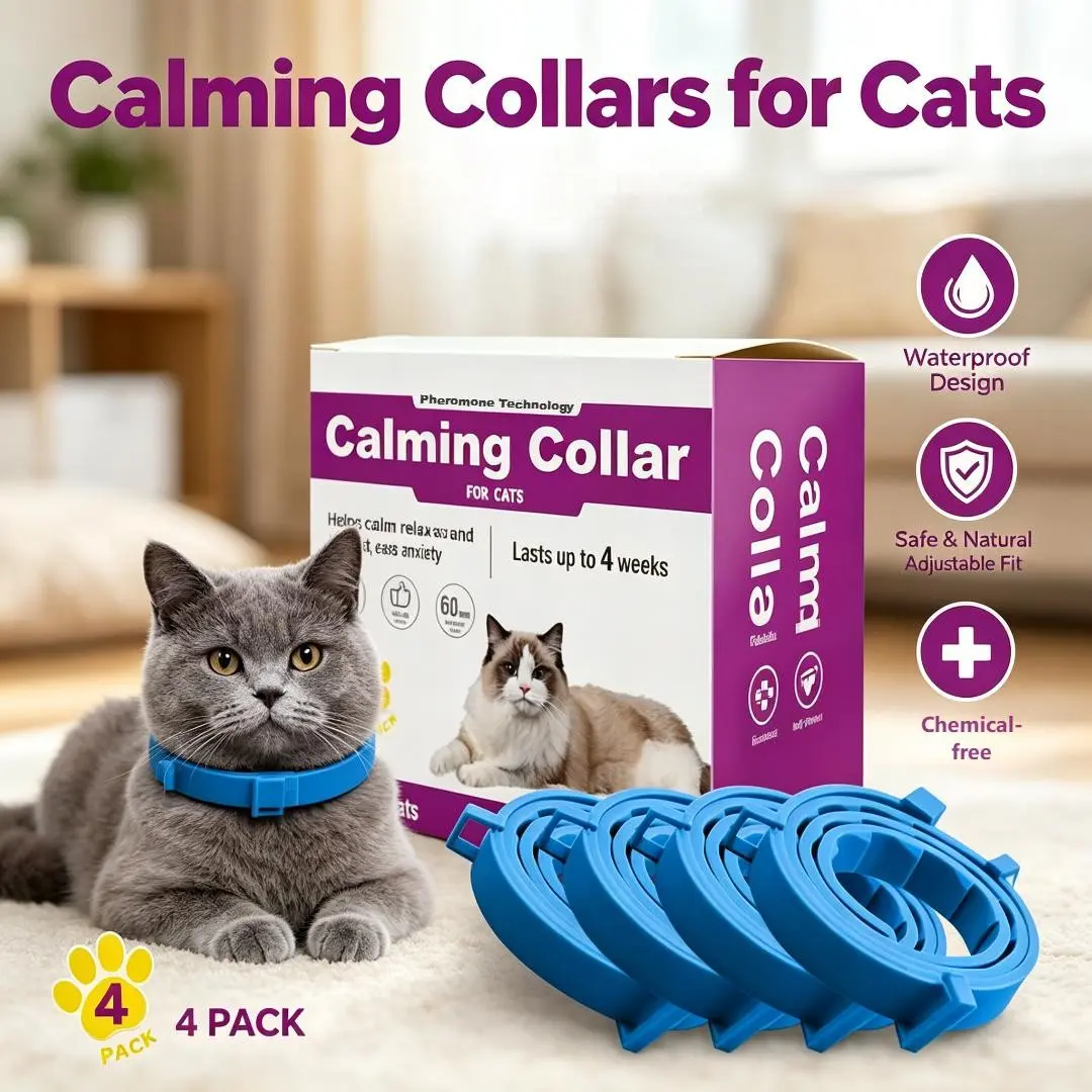 Cat Calming Collar Set of 4, Pheromone Cat Collar, Adjustable Breakaway, Waterproof, Reduces Scratching, Noise Sensitivity, Separation Anxiety