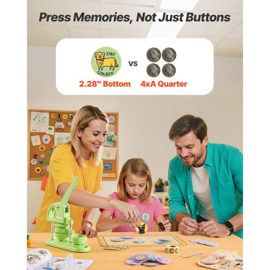 VEVOR Button Maker Machine, 2.28 in, Plastic Pin Maker with 100pcs Button Parts, Circle Cutter and Hex Wrenches, Reinforced Ergonomic Handle, for DIY Badges, Personalized Pins and Key Chains, Green