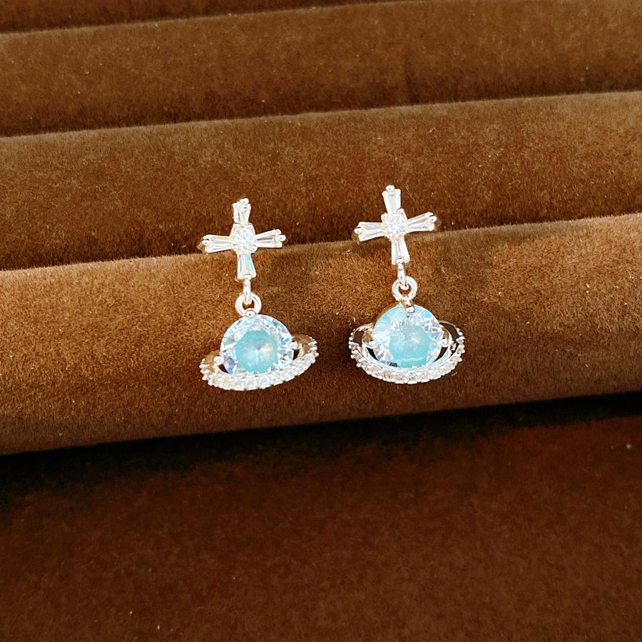 925 Silver Needle Cross Saturn Earrings | Minimalist Cool Style Zircon Planet Earrings Luxury Jewelry