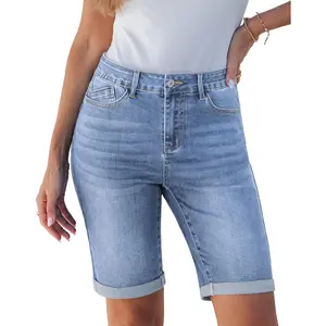 Bermuda Jean Shorts for Women Knee Length High Waisted Trendy Cuffed Hem Long Stretchy Denim Shorts Summer Jorts