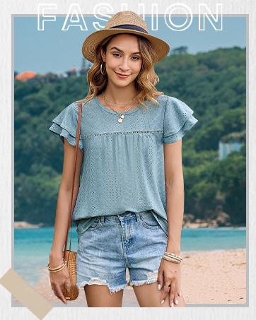 Women's Summer Tops Crewneck Eyelet Ruffle Short Sleeve Blouses Casual Babydoll Shirts 2025 S-2XL Lightweight Soft Knitted Fabric Trendy Babydoll Style