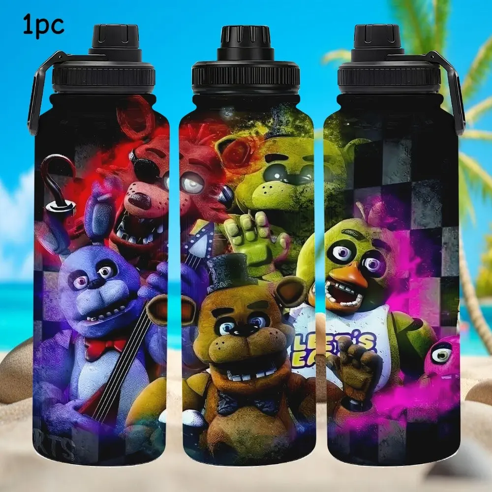 1pc 33oz stainless steel insulated cup with midnight bear harem cartoon print and scary doll pattern. Suitable for outdoor activities, commuting, as a personalized holiday/birthday gift, and a high-quality large-capacity water cup