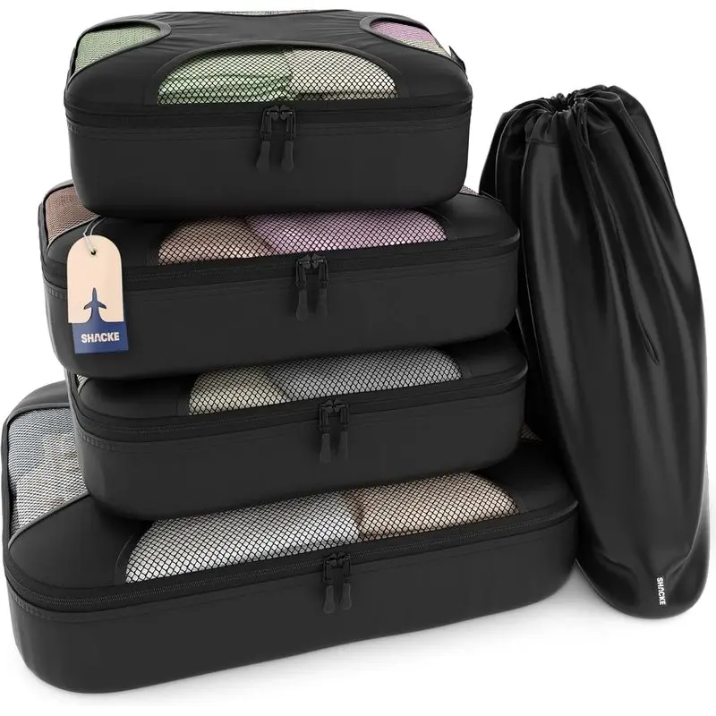5-Pack Water-Resistant Nylon Travel Packing Cubes with Laundry Bag, Pure Black Lightweight Foldable Suitcase Organizer Bags (Home & Travel Storage Solution)