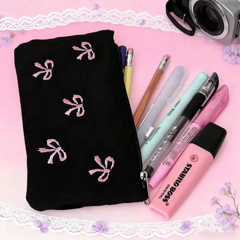Cute Embroidered Bow Pencil Pouch, Large Capacity Canvas Stationery Organizer for Students, Portable Cosmetic Makeup Bag for School & Office,summer,men,,Boho,Wooden,Photo Display with Clips,shoe,charm,,elastic,fit,,belt,,Touchscreen,Winter,Ac,zip,closure,