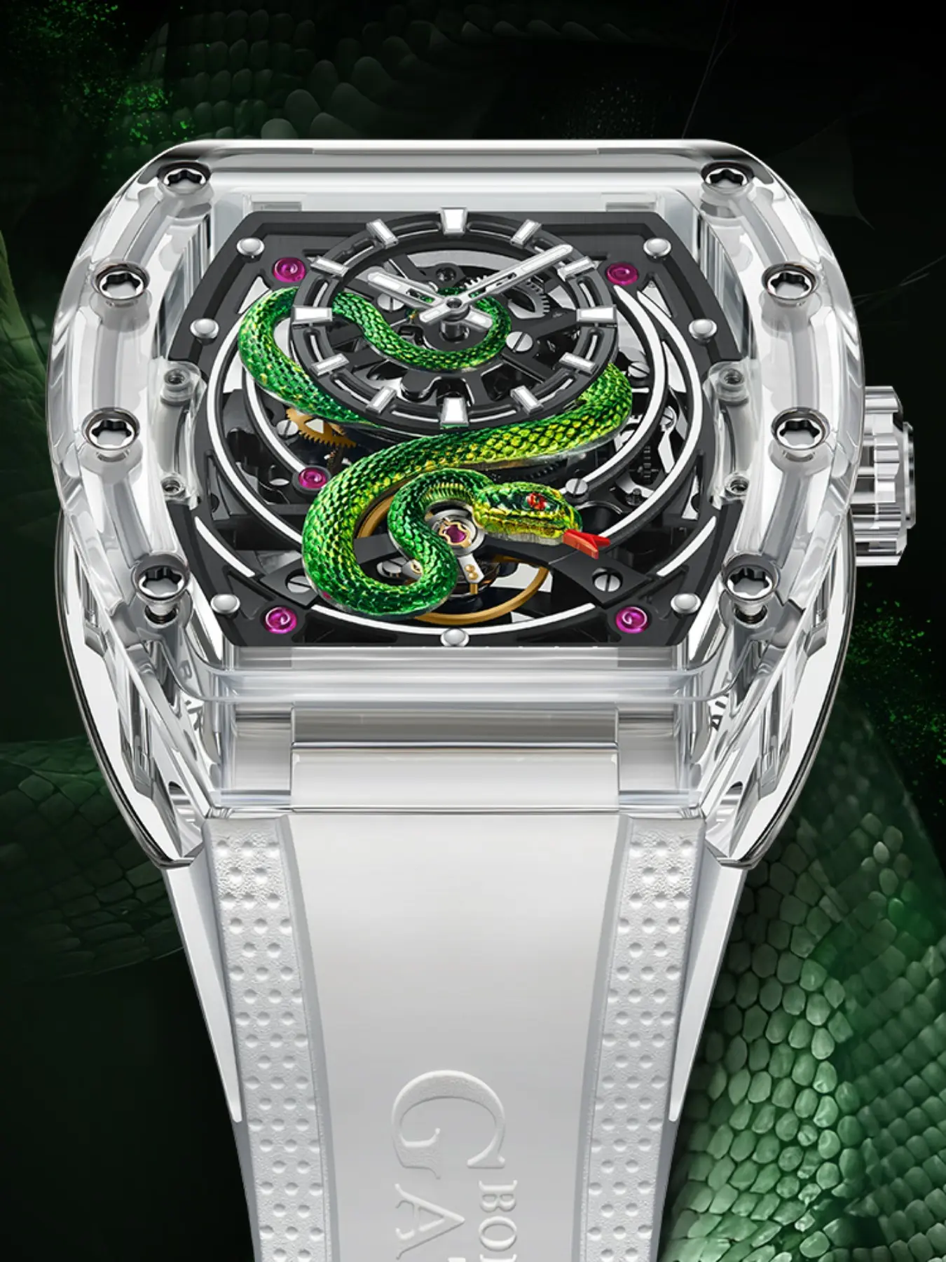 BONEST GATTI Men's Mechanical Watch Exclusive Snake Year Limited Tonneau Timepiece Luminous Dial 30M Life Waterproof K9 Crystal Case Rubber Strap Butterfly Buckle Unique Collectible Gift Choice For Festival Birthday And Watch Enthusiasts